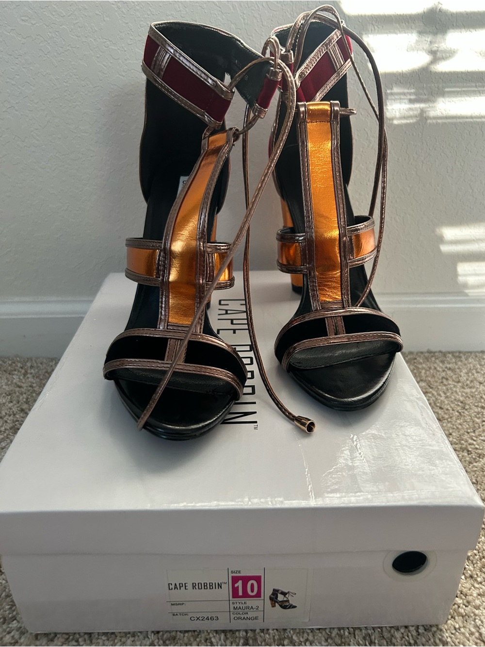 Cape Robbin Metallic Orange and Black Strappy High Heels